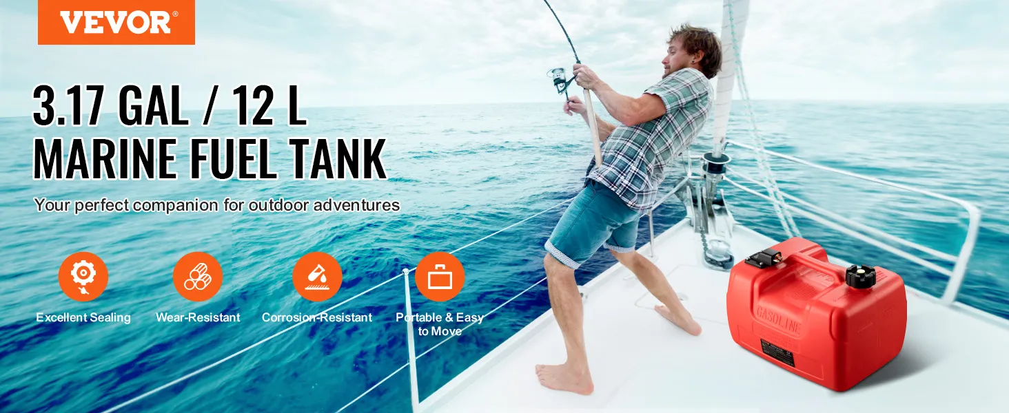 fishing on a boat with a red VEVOR marine fuel tank; perfect for outdoor adventures.