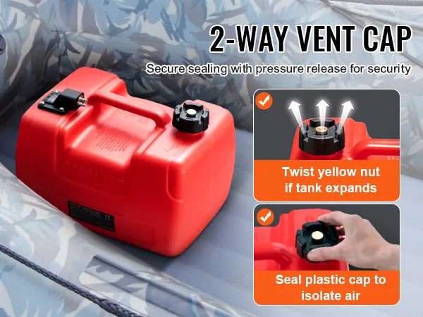 red VEVOR marine fuel tank on an inflatable boat with text and illustrations of 2-way vent cap functions.