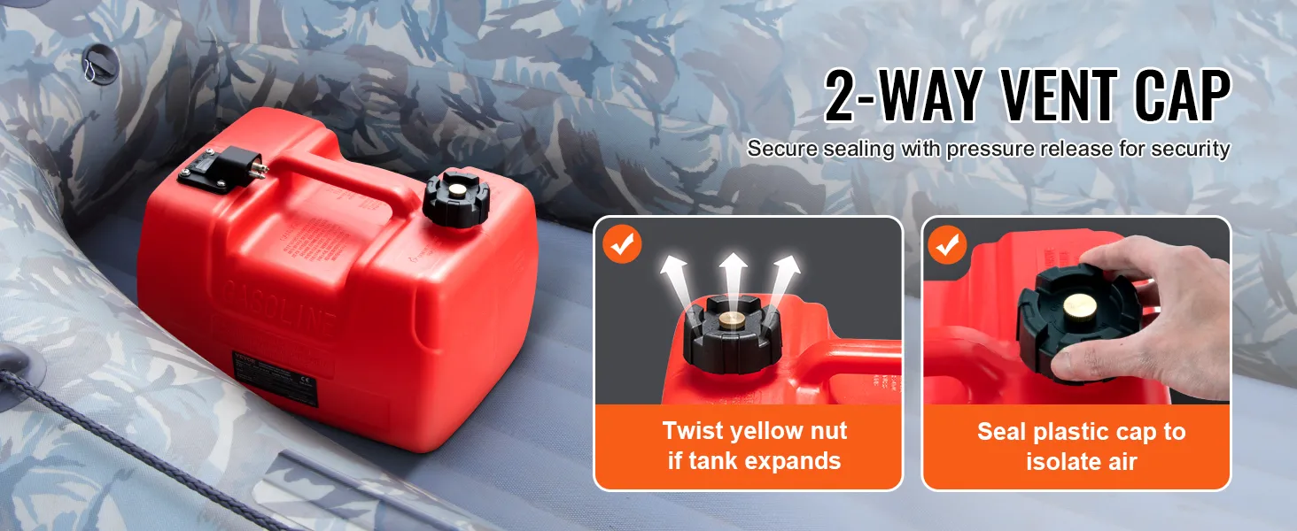 red VEVOR marine fuel tank on an inflatable boat with text and illustrations of 2-way vent cap functions.