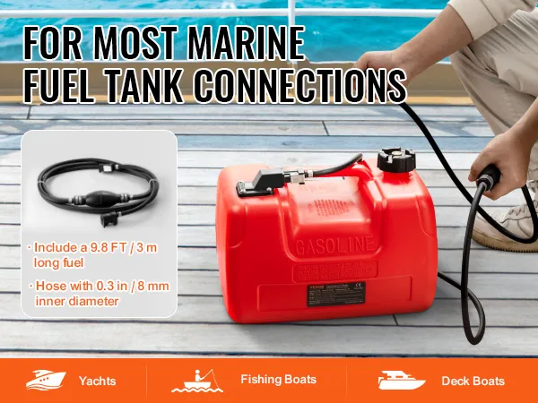 red VEVOR marine fuel tank on a boat deck with hose and blue ocean background.