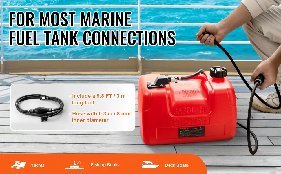 VEVOR Marine Fuel Tank, 3.17 Gallon/12L, Portable Boat Fuel Gas Tank for Outboard Engine Boats, Plastic Outboard Marine Boat Fuel Tank with Hose, Easy to Carry for Yacht, Fishing Boat, Deck Boat, Red