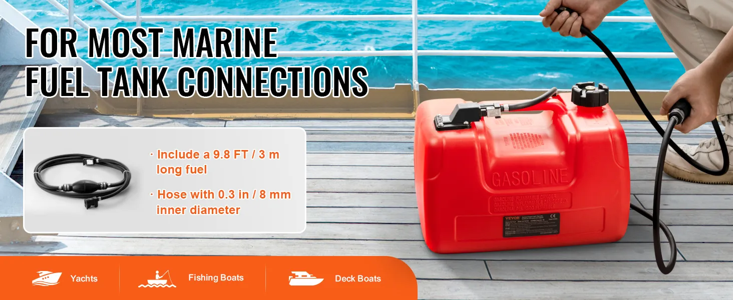 red VEVOR marine fuel tank on a boat deck with hose and blue ocean background.