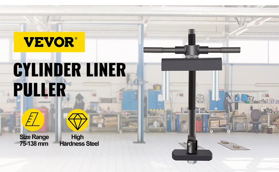 VEVOR cylinder liner puller tool with specifications, showcased in a workshop background.