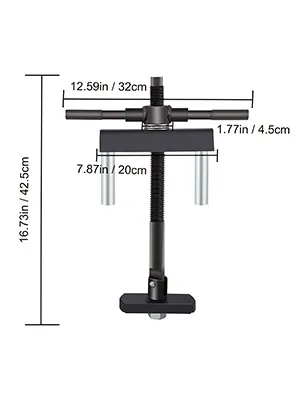 VEVOR cylinder liner puller with measurements annotated in inches and centimeters.