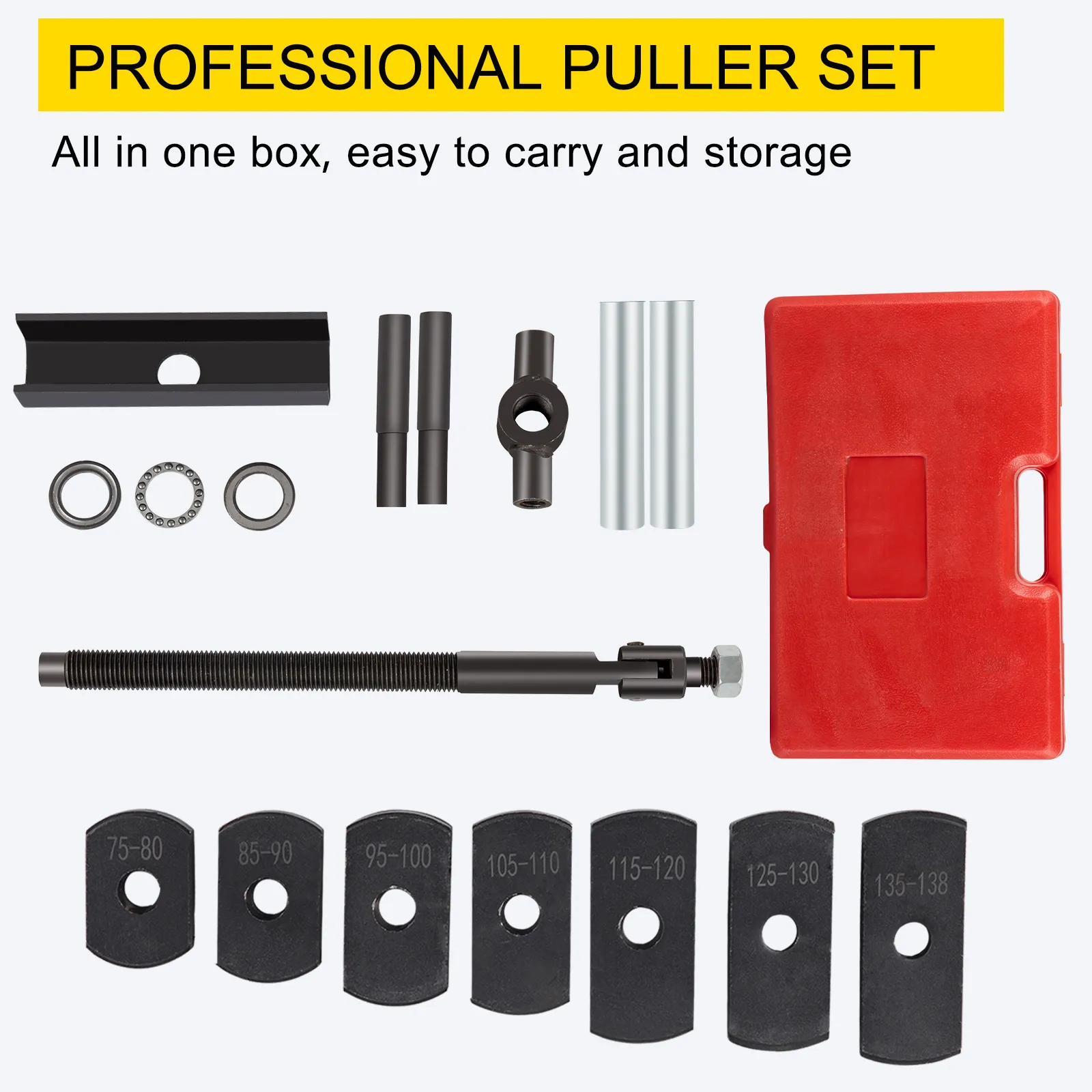 VEVOR cylinder liner puller professional set with tools and carry case arranged neatly.
