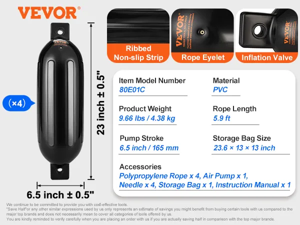 VEVOR boat fenders, ribbed non-slip strip, rope eyelet, inflation valve, pvc, set of 4, 23"x6.5"