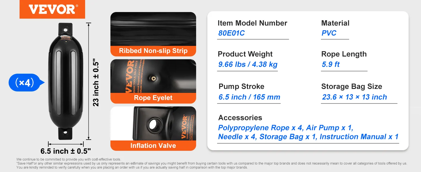 VEVOR boat fenders, ribbed non-slip strip, rope eyelet, inflation valve, pvc, set of 4, 23"x6.5"