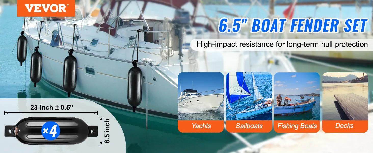 VEVOR boat fenders, 6.5-inch, set of 4 for yachts, sailboats, fishing boats, and docks, high-impact protection.