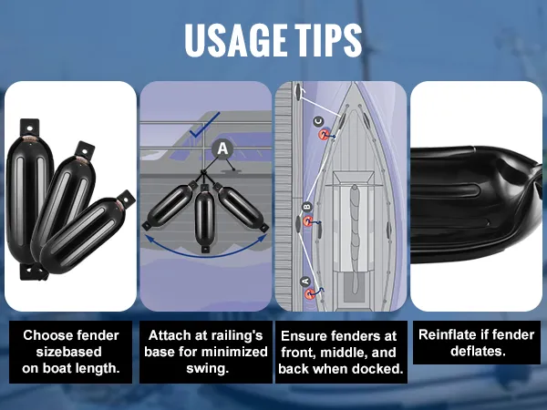 VEVOR boat fenders usage tips: choose size by boat length, attach to railing, position fenders properly, reinflate if needed.