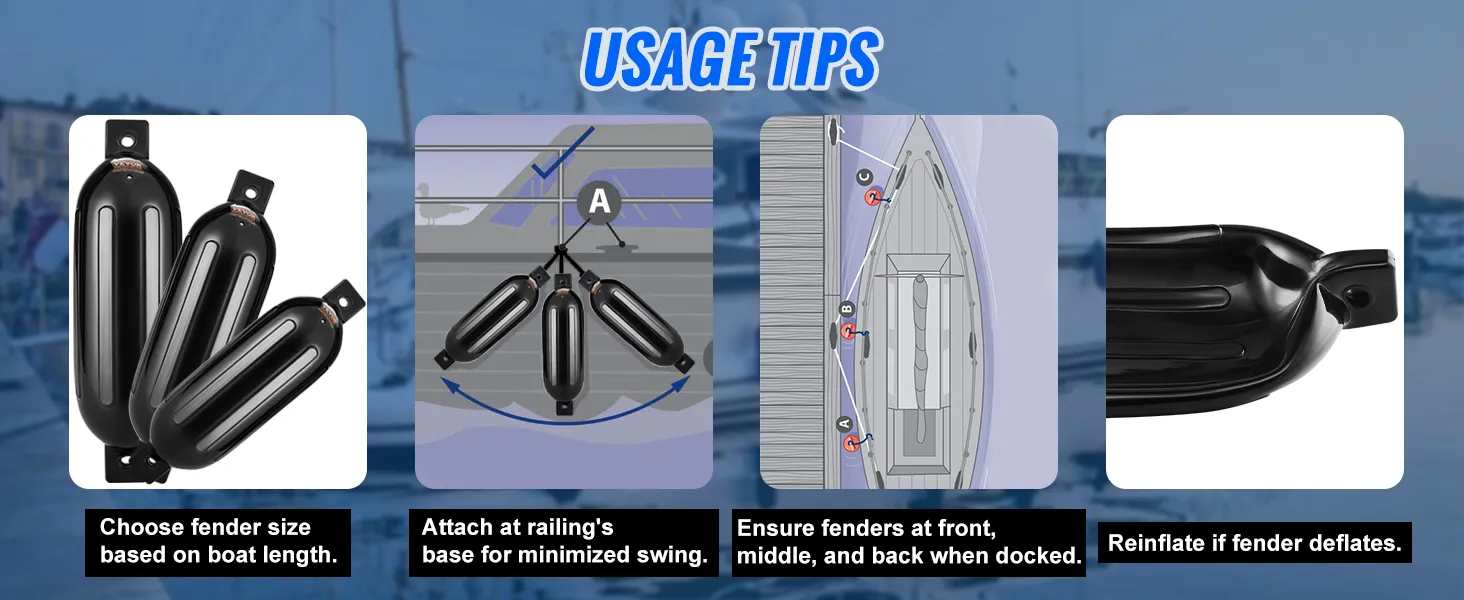 VEVOR boat fenders usage tips: choose size by boat length, attach to railing, position fenders properly, reinflate if needed.