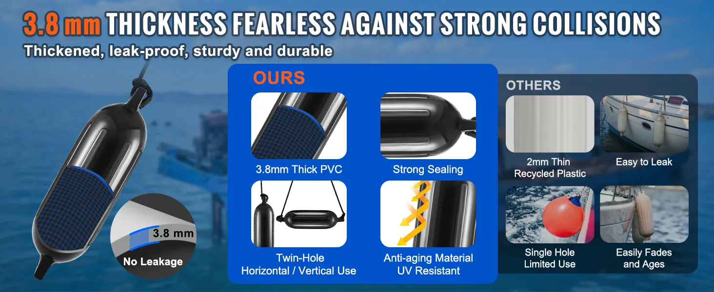 3.8mm thick black VEVOR boat fenders, strong sealing, anti-aging uv resistant, leak-proof, and durable.