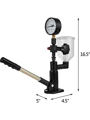 VEVOR tester injektora dizelskog goriva s mjeračem i specificiranim dimenzijama: 16,5 x 5 x 4,5 inča.