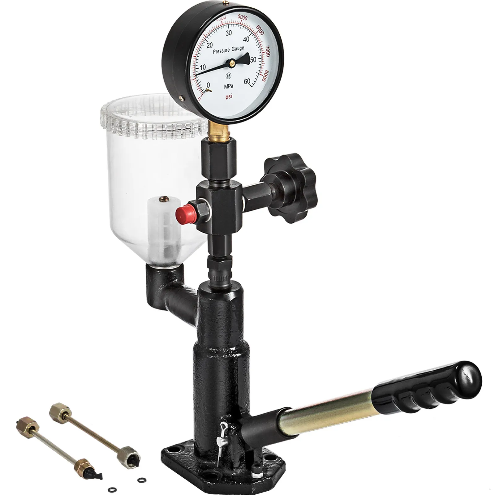 VEVOR diesel fuel injector tester with pressure gauge and metal lever handle.