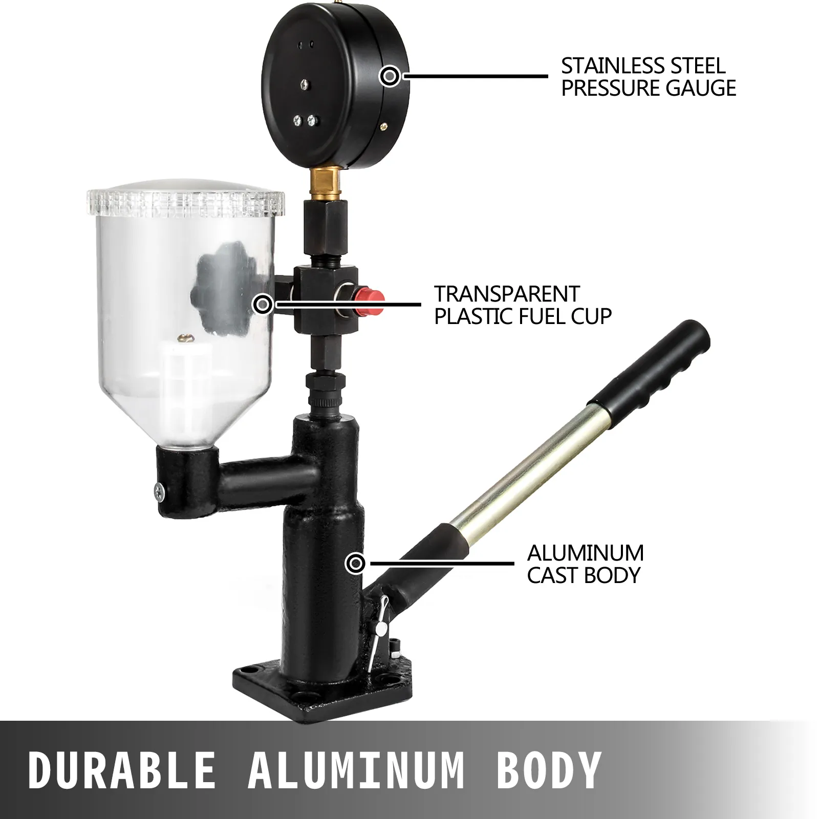 VEVOR diesel fuel injector tester with aluminum body, pressure gauge, and fuel cup.