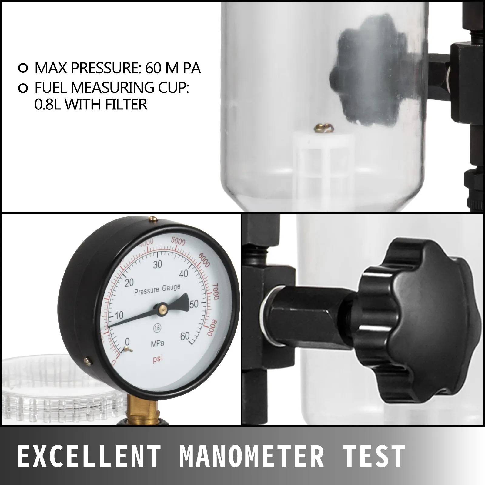 VEVOR diesel fuel injector tester with 60 mpa max pressure and 0.8l measuring cup.