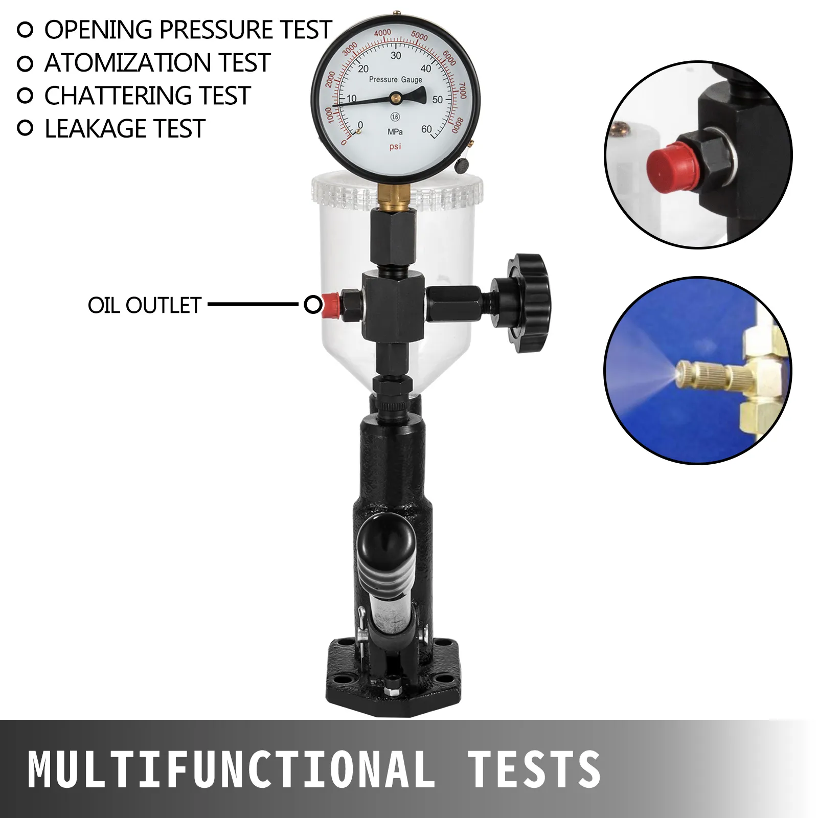 VEVOR diesel fuel injector tester with pressure gauge and oil outlet for various tests.
