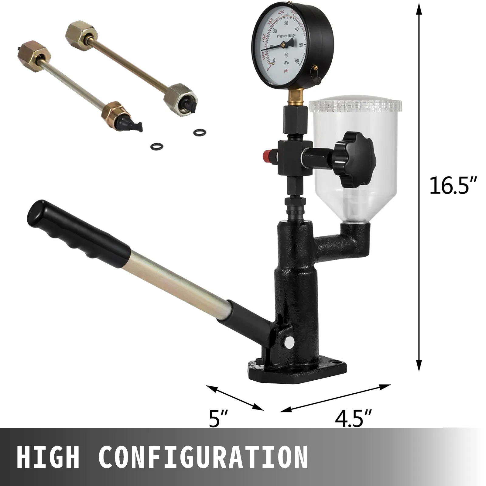 VEVOR diesel fuel injector tester with pressure gauge and handle, dimensions shown.