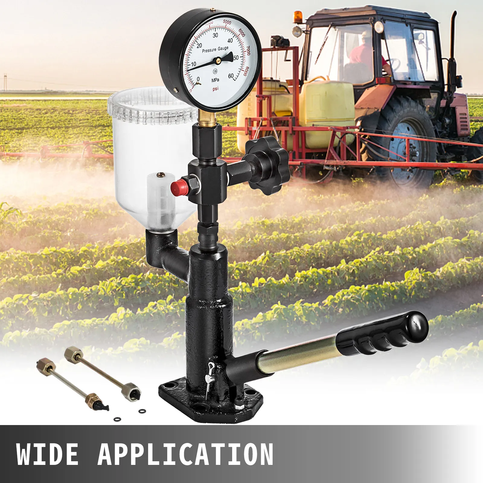 VEVOR diesel fuel injector tester with gauge and handle, tractor in background.