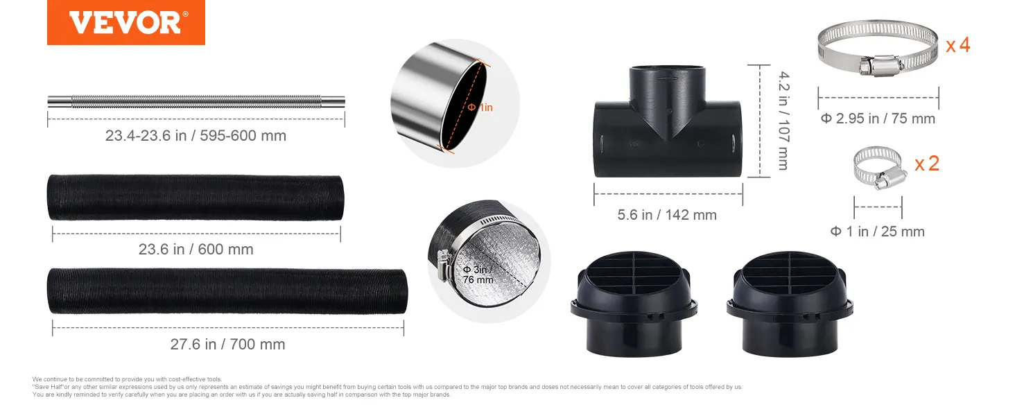 VEVOR diesel heater components including pipes, clamps, and ducts with dimensions.