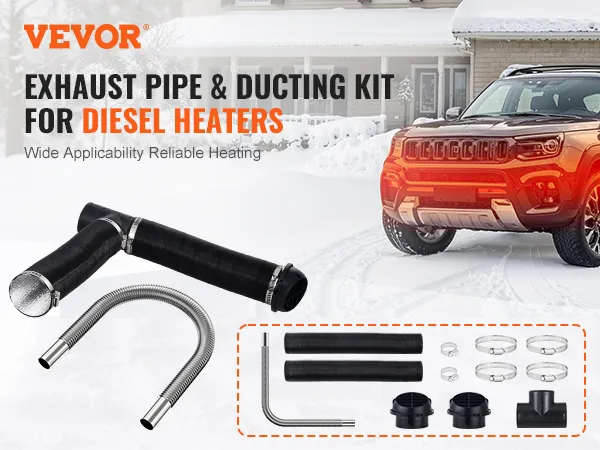 VEVOR diesel heater exhaust pipe and ducting kit showcased with vehicle and product components.