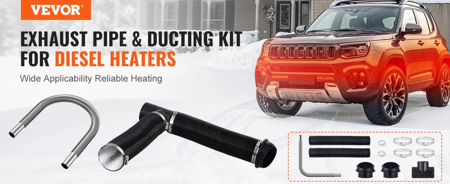 VEVOR diesel heater exhaust pipe and ducting kit showcased with vehicle and product components.