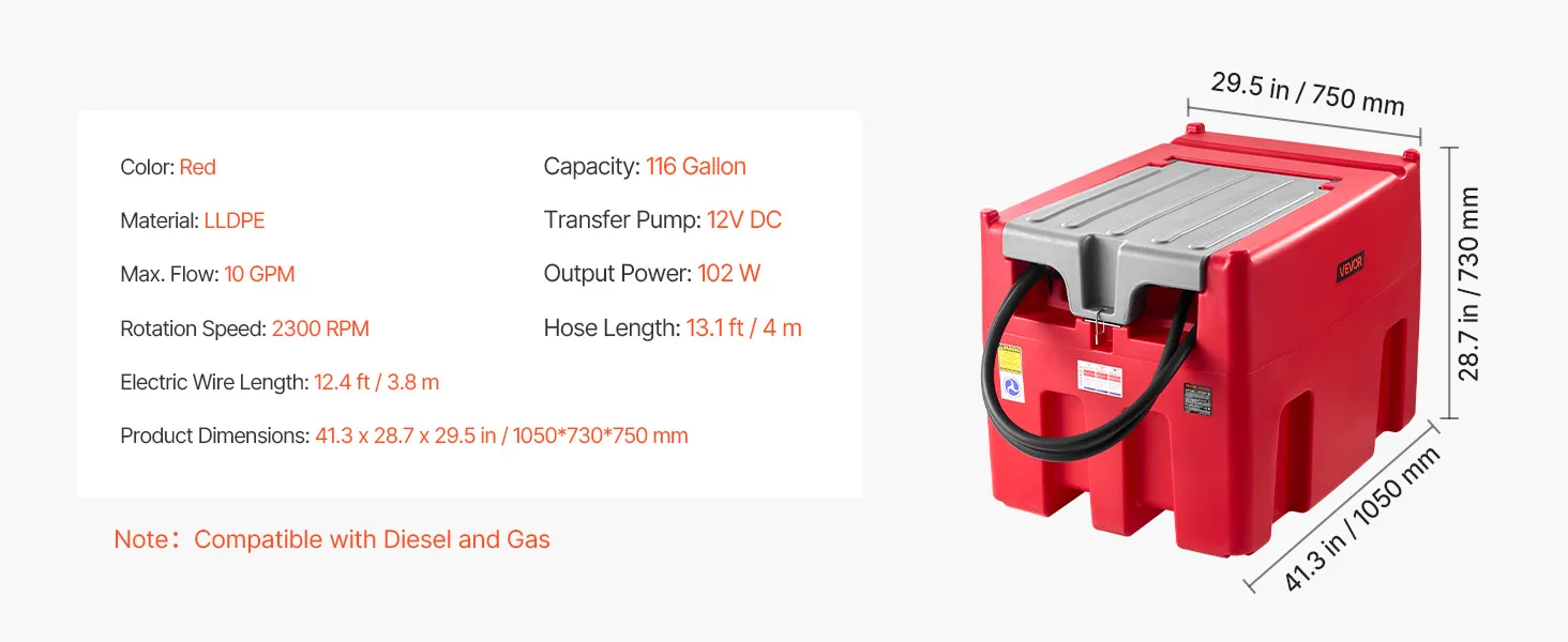 VEVOR Portable Diesel & Gasoline Tank, 116 Gallon, 10 GPM Flow Rate, Diesel Fuel Tank with 12V Electric Transfer Pump, 13.1ft Hose, Auto Fueling Nozzle, Transfer Tank for Easy Fuel Transportation, Red