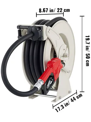 Enrollador de manguera de combustible VEVOR con base de 44 cm, 22 cm de ancho y 50 cm de alto, con boquilla roja.