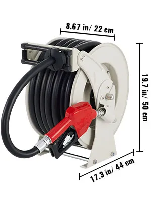 VEVOR fuel hose reel with dimensions: 19.7in height, 17.3in depth, and 8.67in width.