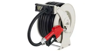 VEVOR fuel hose reel with black hose and red nozzle on a white background.