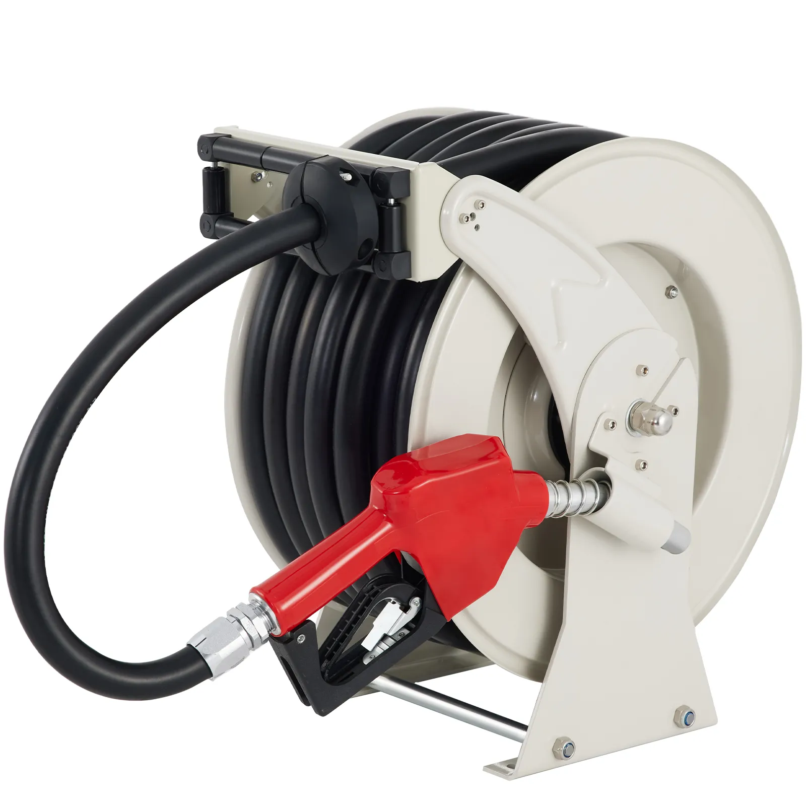 VEVOR fuel hose reel with black hose and red nozzle on a white spool.