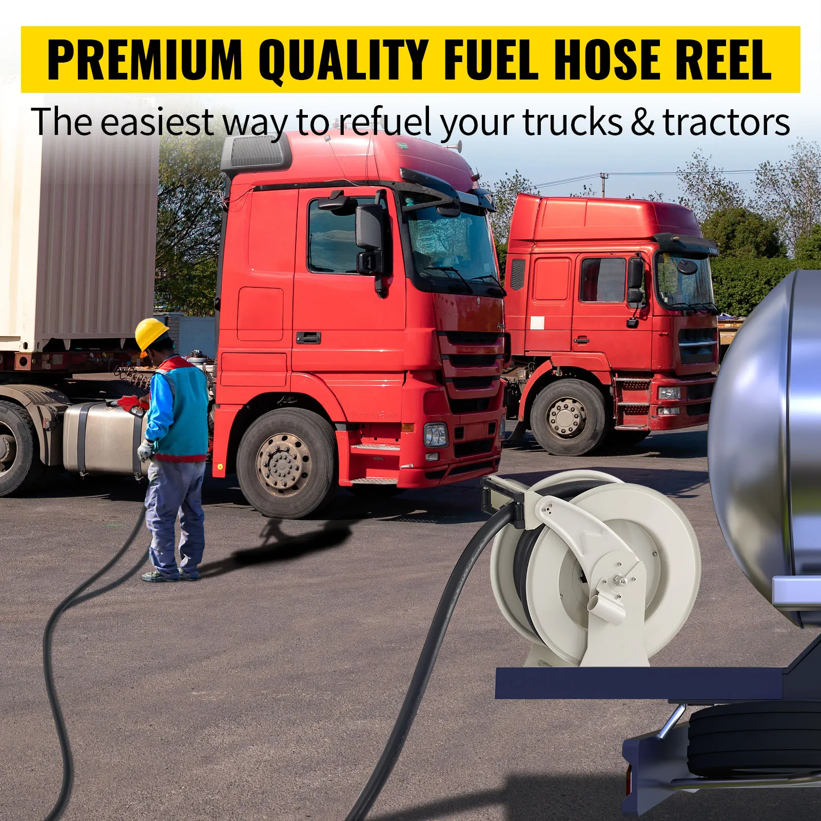 VEVOR fuel hose reel refueling red trucks, with tagline "premium quality fuel hose reel".