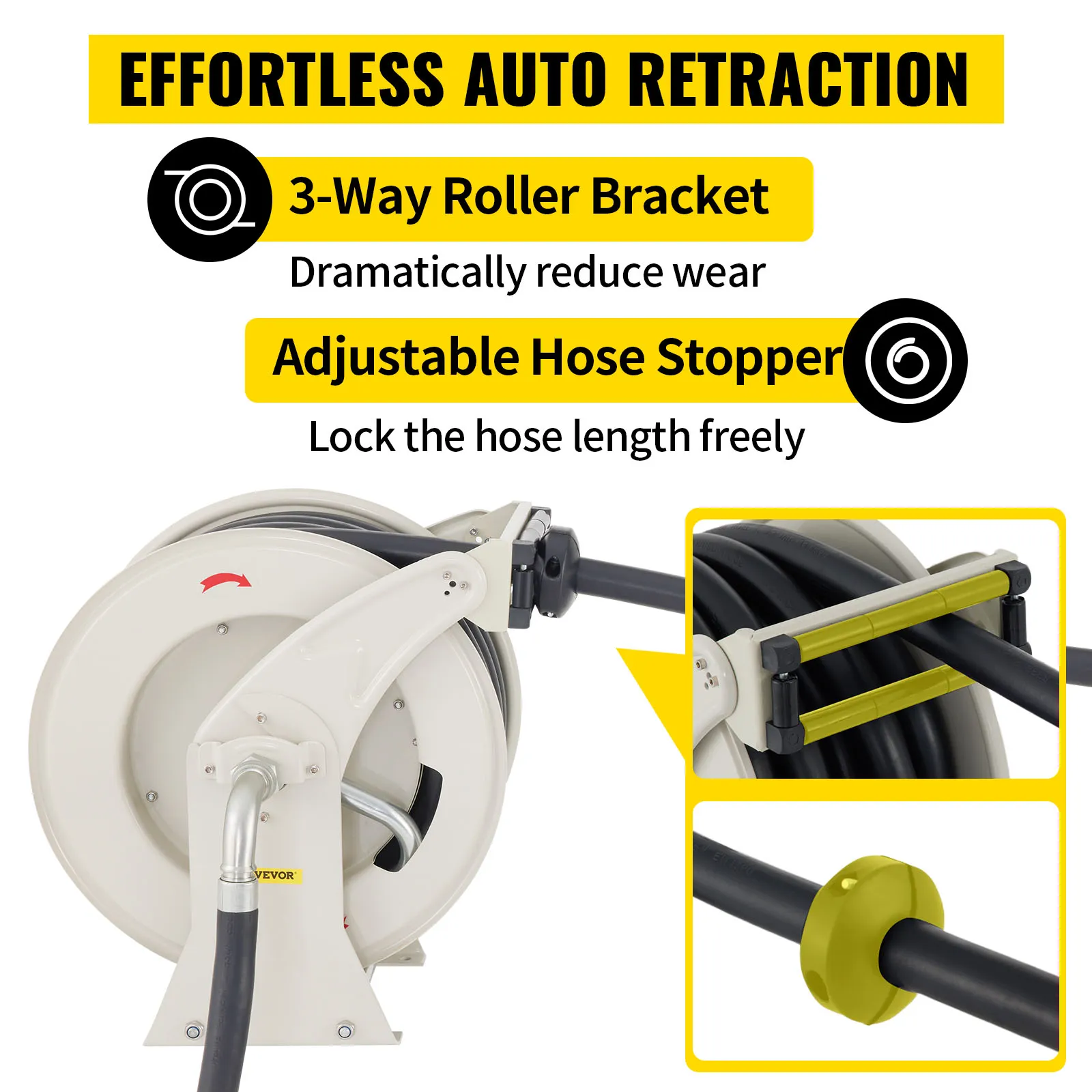 VEVOR fuel hose reel with effortless auto retraction, 3-way roller bracket, and adjustable hose stopper.