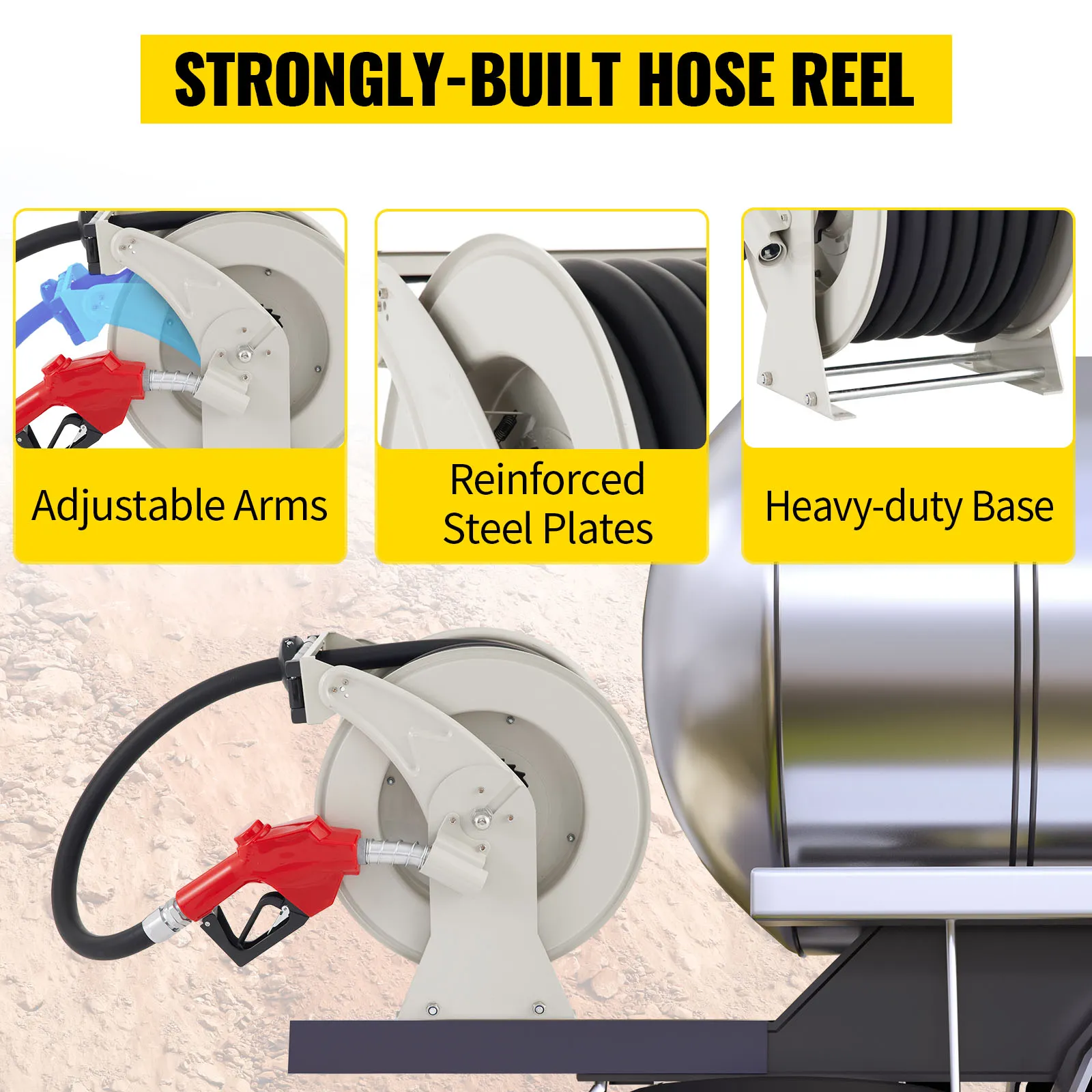 VEVOR fuel hose reel with adjustable arms, reinforced steel plates, and a heavy-duty base.