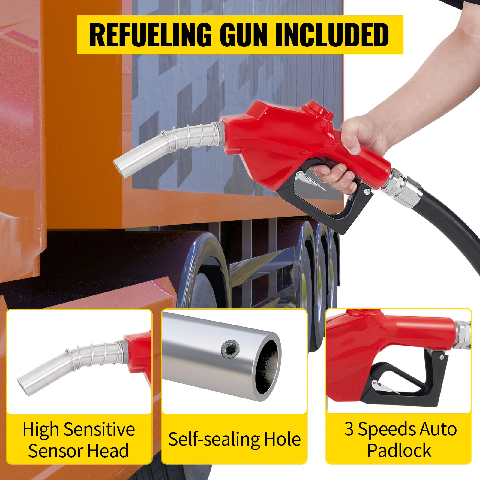 VEVOR fuel hose reel with red refueling gun, high sensitive sensor head, self-sealing hole, and 3-speed auto padlock.
