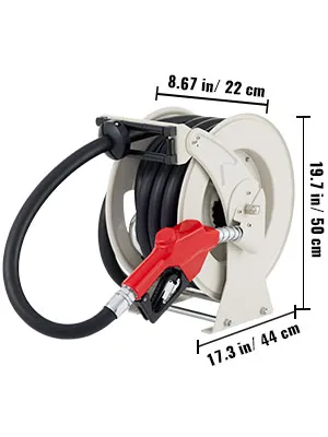 Carrete de manguera de combustible VEVOR con boquilla roja, 19,7 pulgadas de alto, 17,3 pulgadas de ancho y 8,67 pulgadas de profundidad.