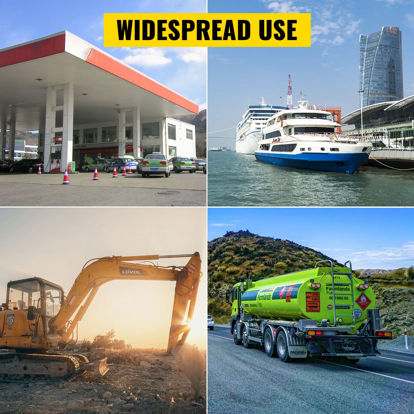 Collage que muestra el uso del carrete de manguera de combustible VEVOR: gasolinera, barco, sitio de construcción, camión de combustible.