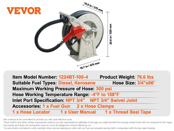 VEVOR fuel hose reel with fuel gun, suitable for diesel and kerosene, 3/4"x66' size, 300 psi capacity.