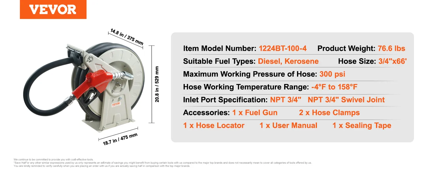 VEVOR fuel hose reel with fuel gun, suitable for diesel and kerosene, 3/4"x66' size, 300 psi capacity.