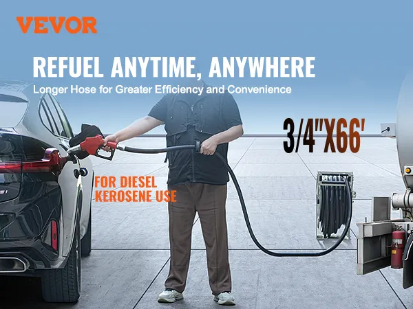 VEVOR fuel hose reel for diesel/kerosene use, longer hose for greater efficiency, refueling a car.