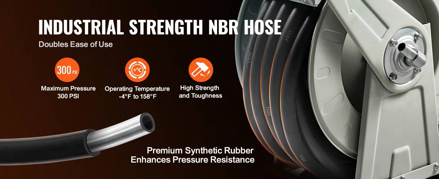 VEVOR fuel hose reel with industrial strength nbr hose, 300 psi max pressure, temp range -4°f to 158°f.