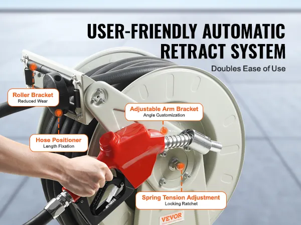 VEVOR fuel hose reel with adjustable arm bracket, roller bracket, hose positioner, and spring tension adjustment.