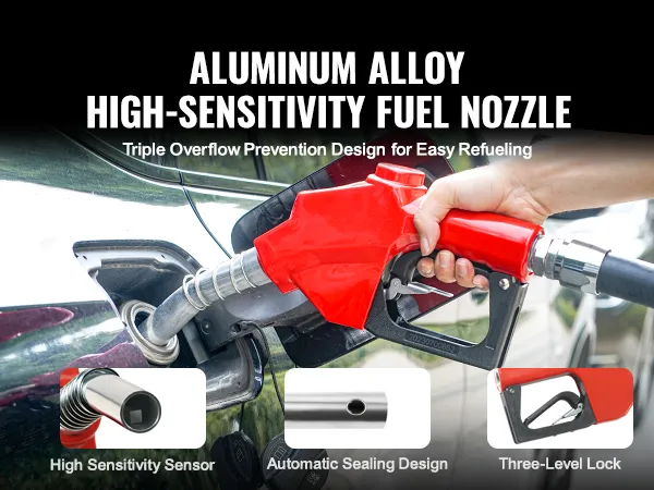 aluminum alloy fuel nozzle with high sensitivity sensor, three-level lock, and automatic sealing design.