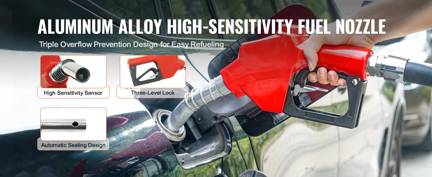 aluminum alloy fuel nozzle with high sensitivity sensor, three-level lock, and automatic sealing design.