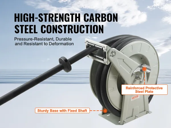 VEVOR fuel hose reel with high-strength carbon steel construction, a sturdy base, and reinforced steel plate.