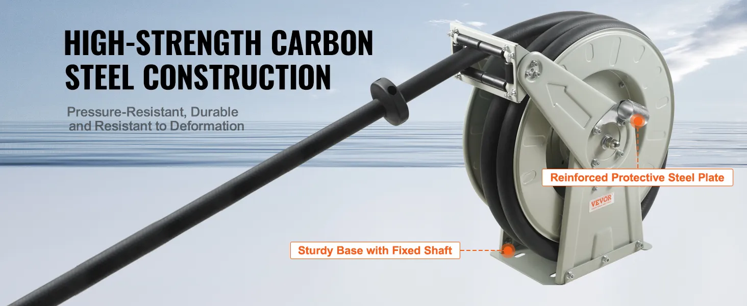 VEVOR fuel hose reel with high-strength carbon steel construction, a sturdy base, and reinforced steel plate.