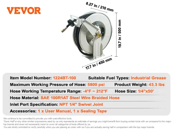 VEVOR fuel hose reel 1224bt-100, 1/4"x50' sae 100r1at, 5800 psi, npt 1/4" swivel joint.