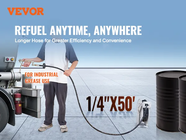 VEVOR fuel hose reel with 50-foot hose attached to a tanker for industrial grease use.