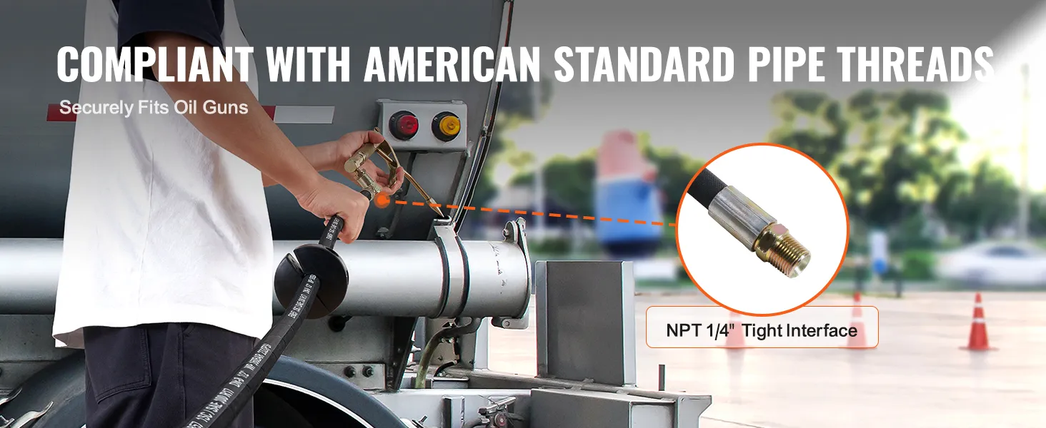 VEVOR fuel hose reel fits oil guns and complies with american standard pipe threads. npt 1/4" tight interface.