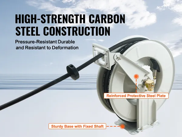 high-strength VEVOR fuel hose reel with reinforced steel plate and sturdy fixed shaft.