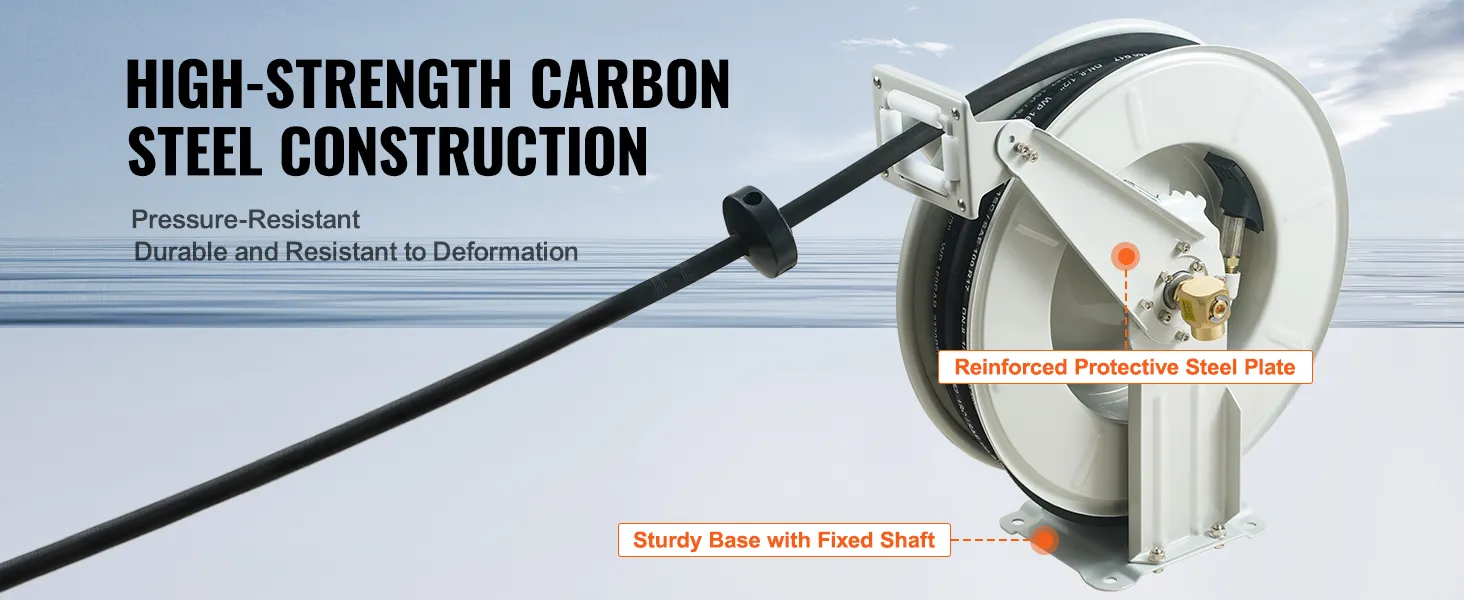high-strength VEVOR fuel hose reel with reinforced steel plate and sturdy fixed shaft.